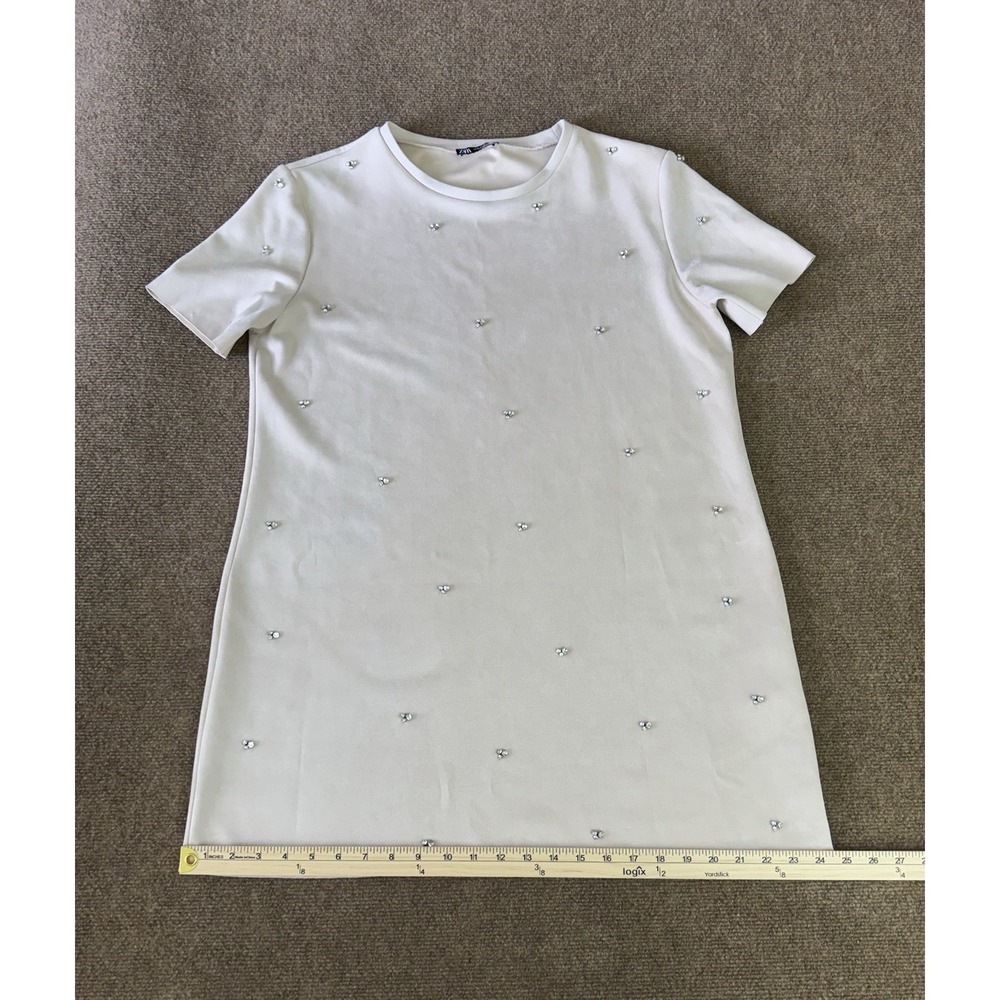 Zara Faux Suede Rhinestone Embellished Shift Mini Dress XL Cream/Ivory - Picture 6 of 13